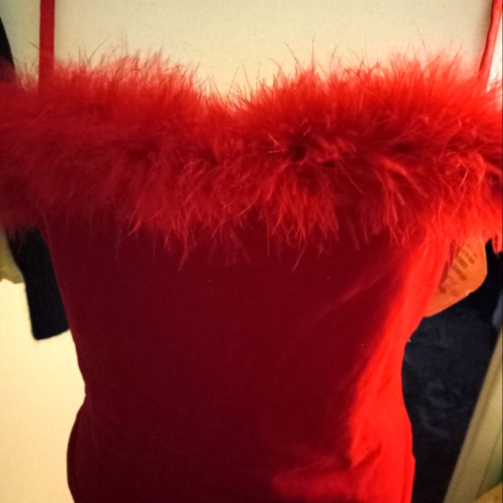 Used, not new never worn, with tags red velour stretch camisole with marboa trim